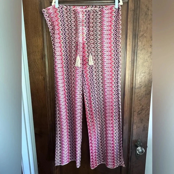 NWT Becca Red, Pink, Black Woven Drawstring Pants With Side Slits Women Size M L - Picture 1 of 9